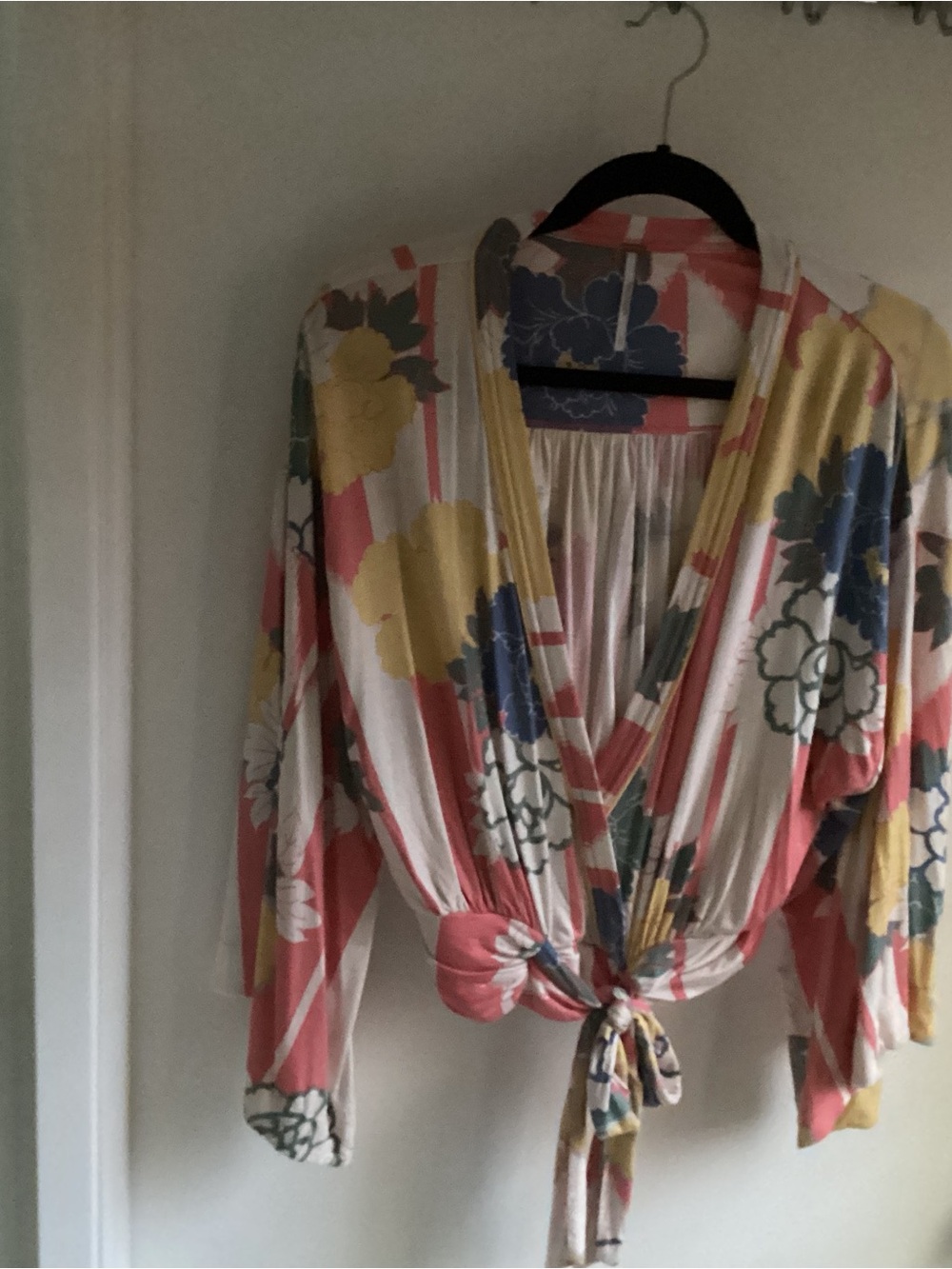 Free People, Floral Tie-Front Blouse in Coral, Yellow & Blue